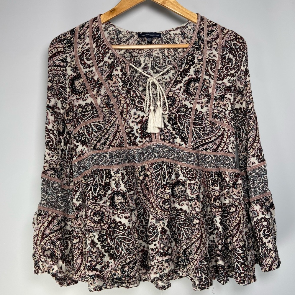 American Eagle Paisley Blouse Peasant Boho Fairy Babydoll Top Whimsigoth Floral